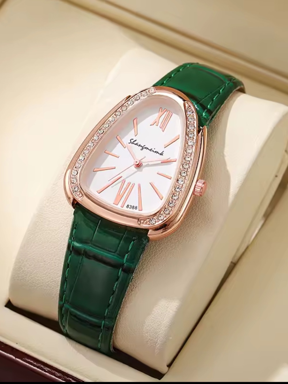 Luxury Green Leather Strap Women's Watch with Rose Gold Case